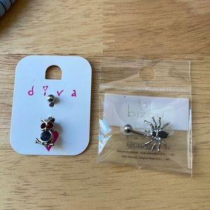 Belly button piercing jewelry pieces. Owl and Spider.